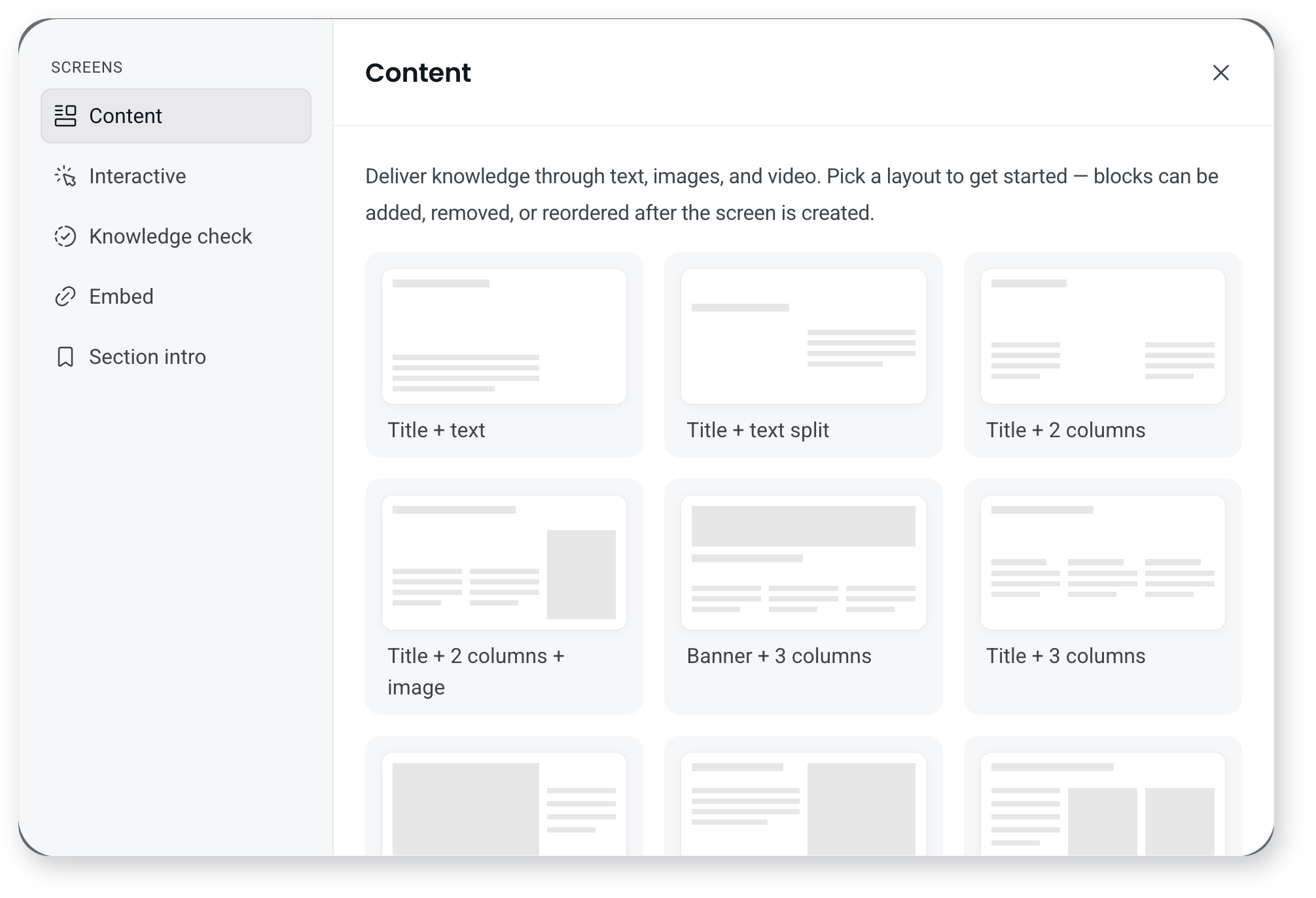 The Screens picker on the Content group, showing layouts such as Title + text, Title + 2 columns and Banner + 3 columns