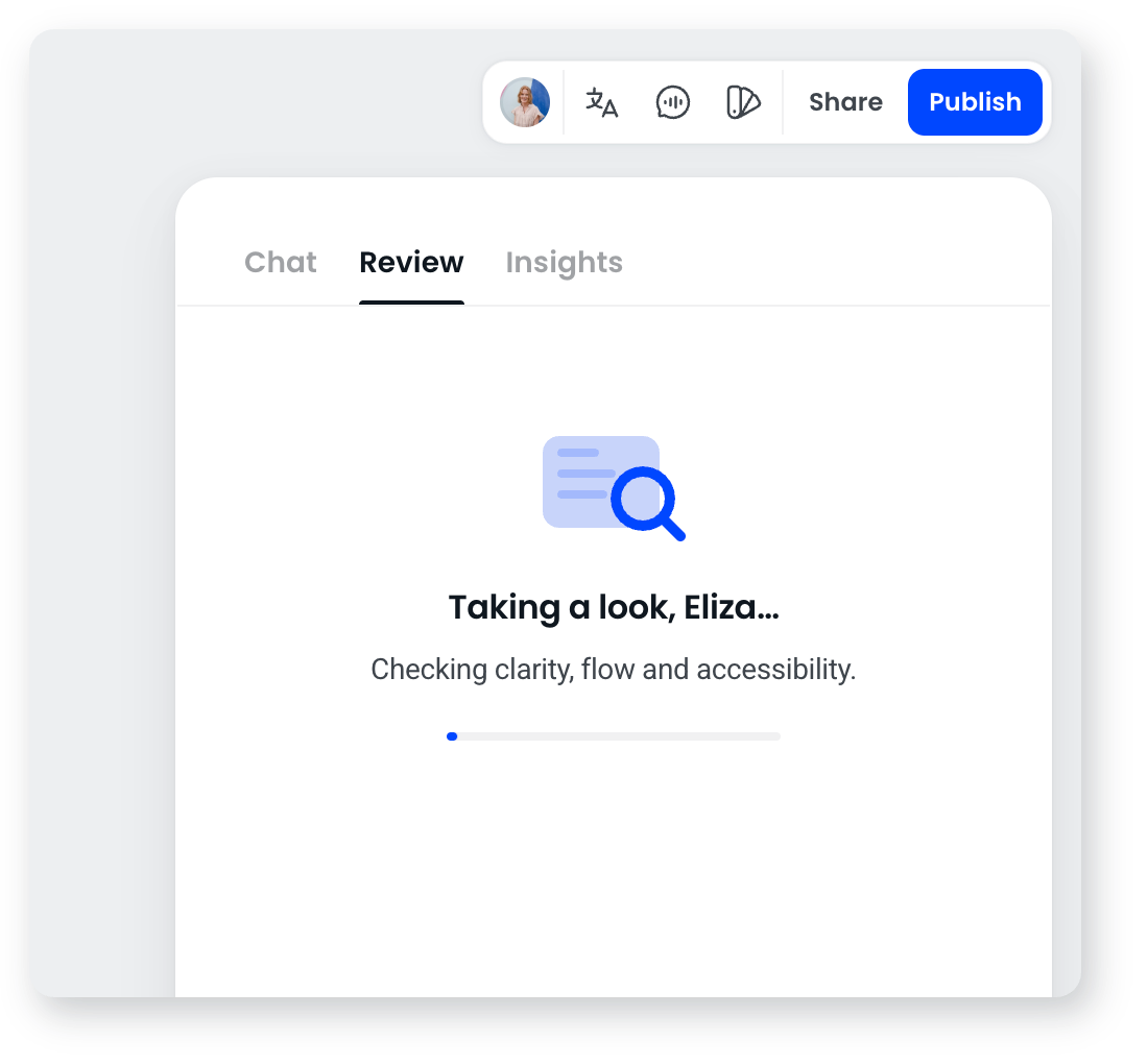 The Review tab while a review runs, checking clarity, flow and accessibility