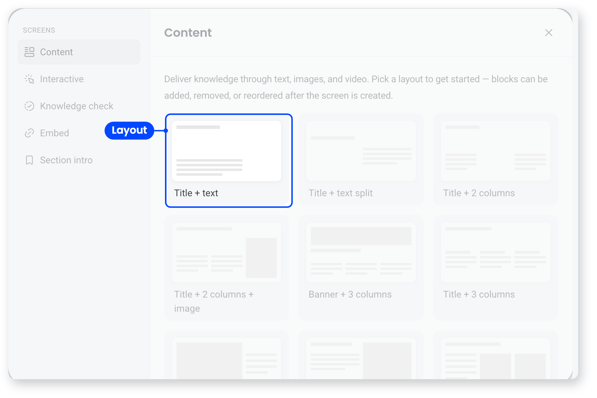 Content layout picker with the Title + text layout selected among options such as Title + 2 columns