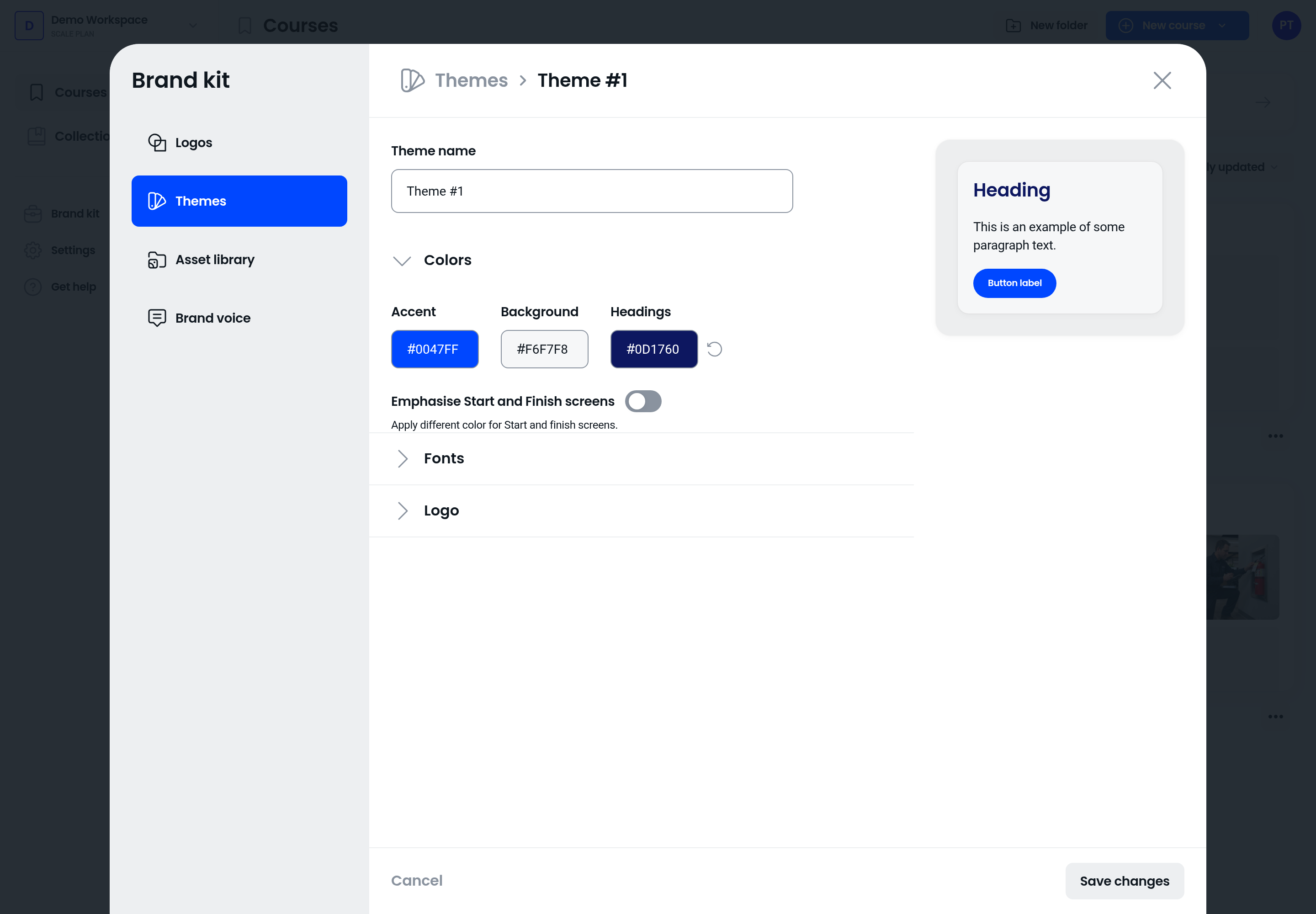 Theme creation editor in Brand kit