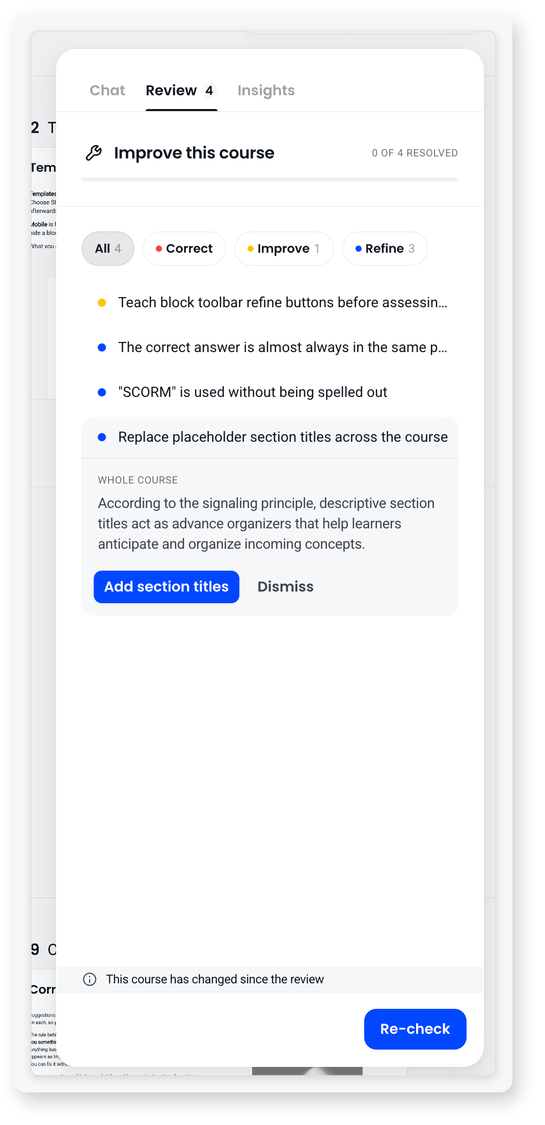 Review tab titled Improve this course, showing 0 of 4 resolved, filter options for Correct, Improve and Refine, and an open suggestion with Add section titles and Dismiss buttons