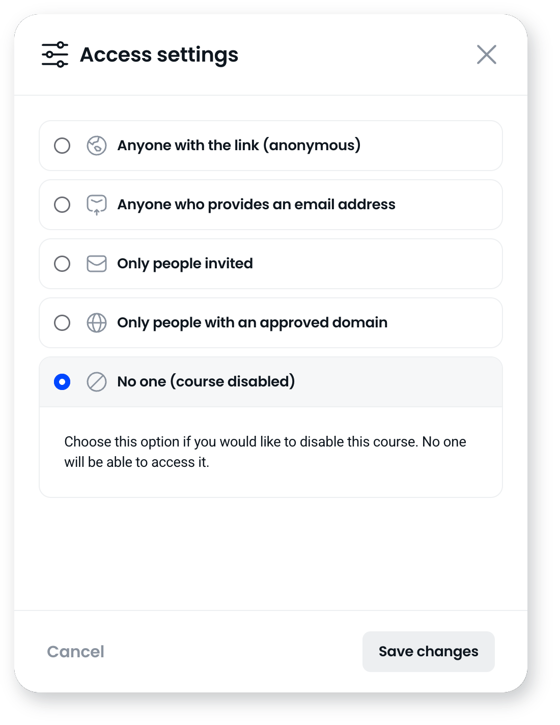 Access settings with No one (course disabled) selected, explaining that no one will be able to access the course