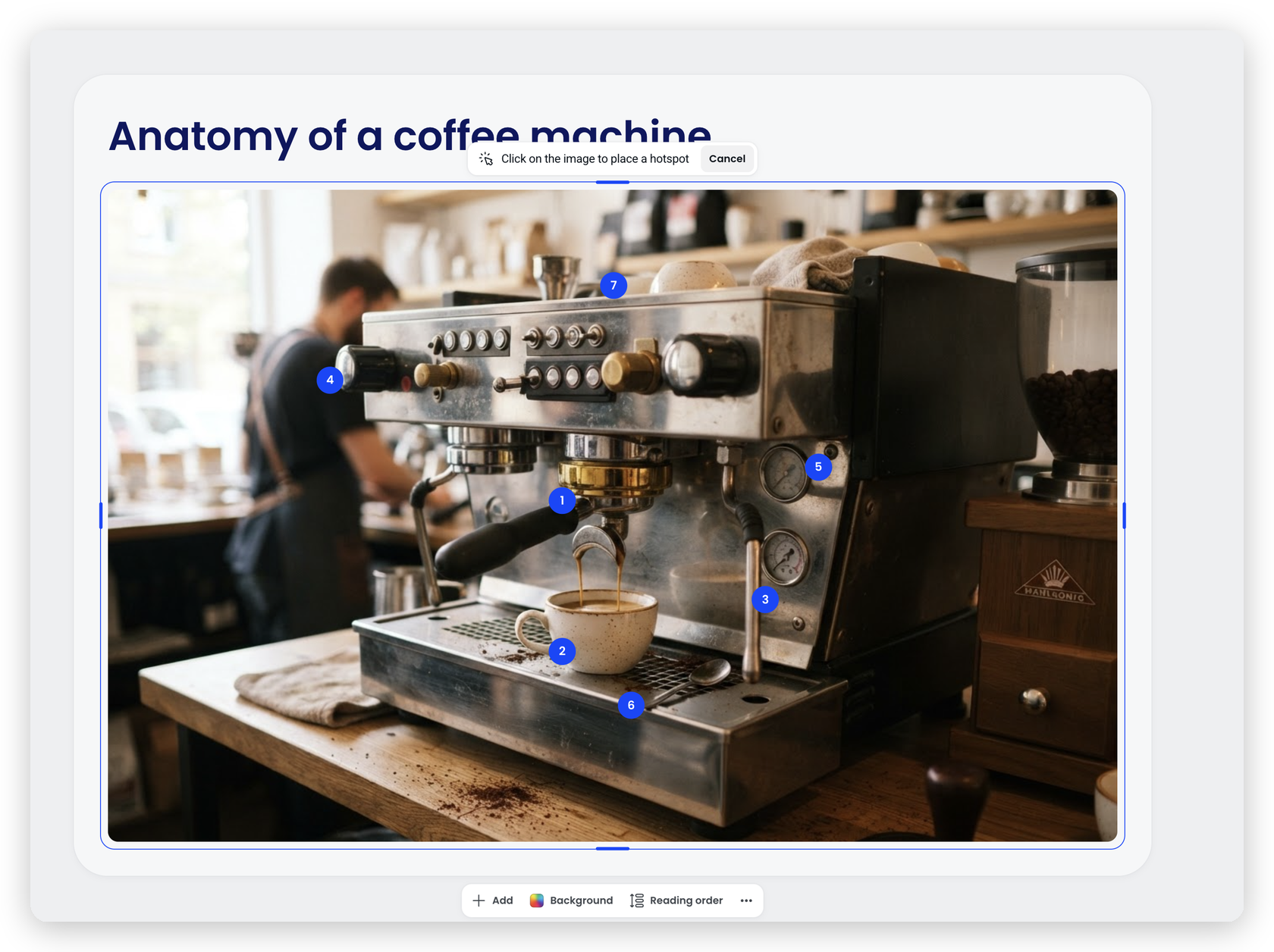 Hotspot placement mode, with a prompt reading Click on the image to place a hotspot and a Cancel button, above a photo with numbered pins