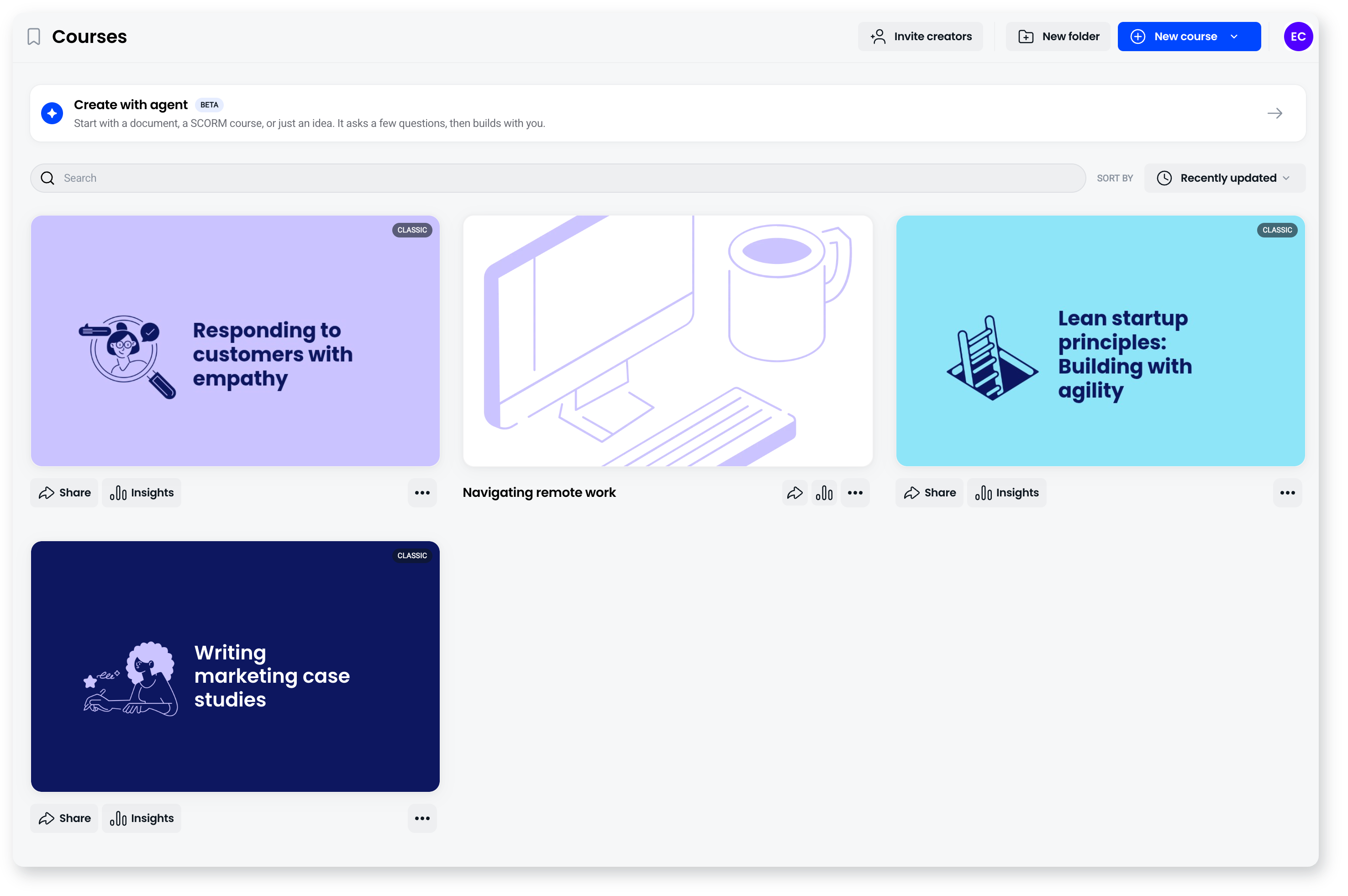 Courses dashboard where Classic courses carry a Classic badge and a new builder course has none