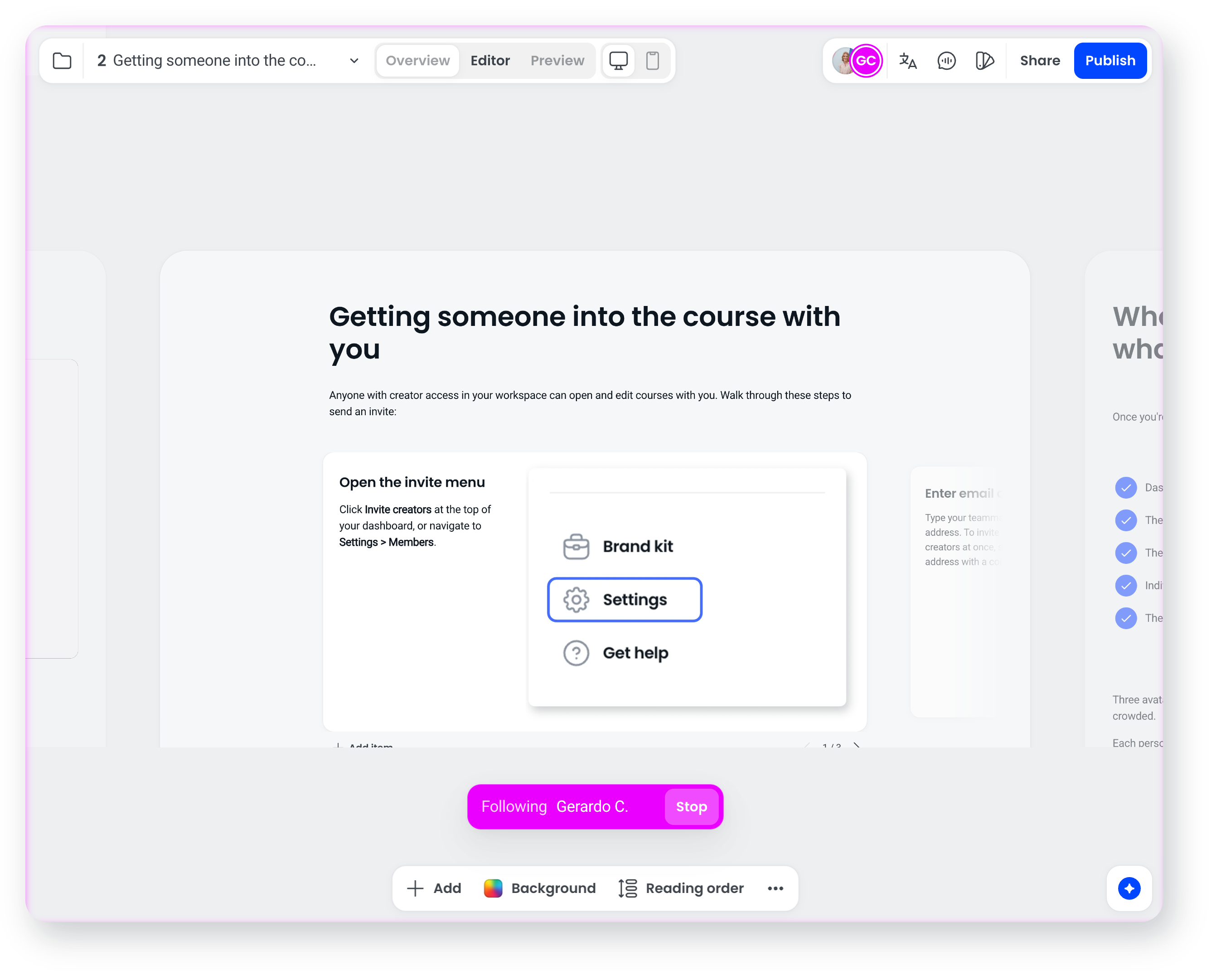Course builder while following a collaborator, with their avatar ringed in their colour and a Following bar with a Stop button at the bottom of the screen