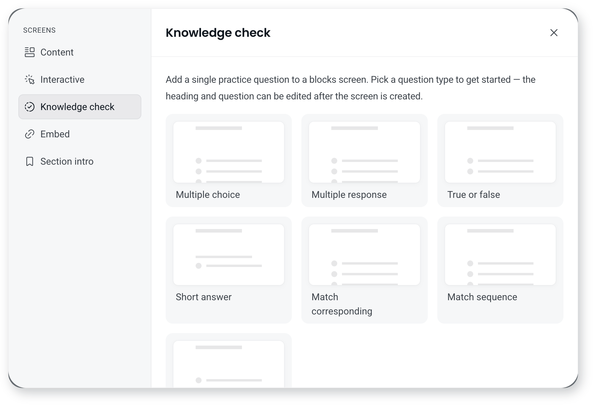 The Screens picker on the Knowledge check group, showing question types including multiple choice, true or false and short answer