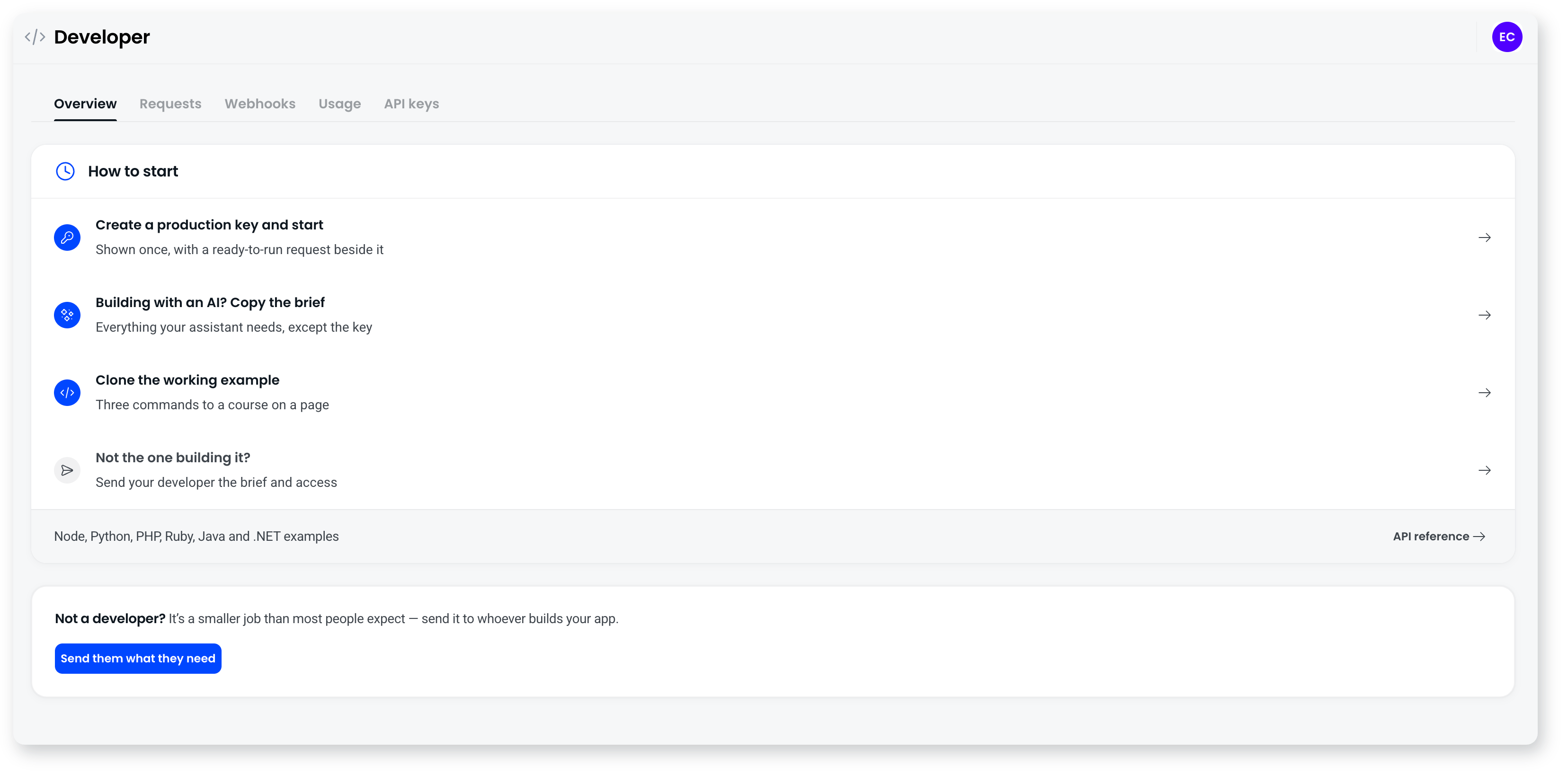 The Overview tab in the Coassemble Developer console, showing the How to start guide with four options: create a production key, copy the brief for an AI assistant, clone the working example, and send your developer what they need