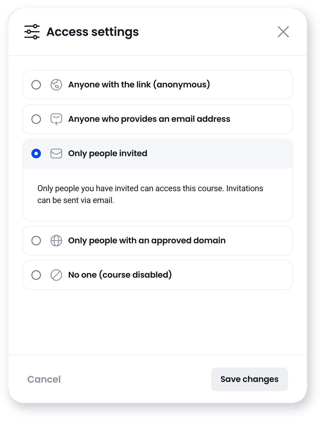 Access settings with Only people invited selected, explaining that only people invited by email can access the course