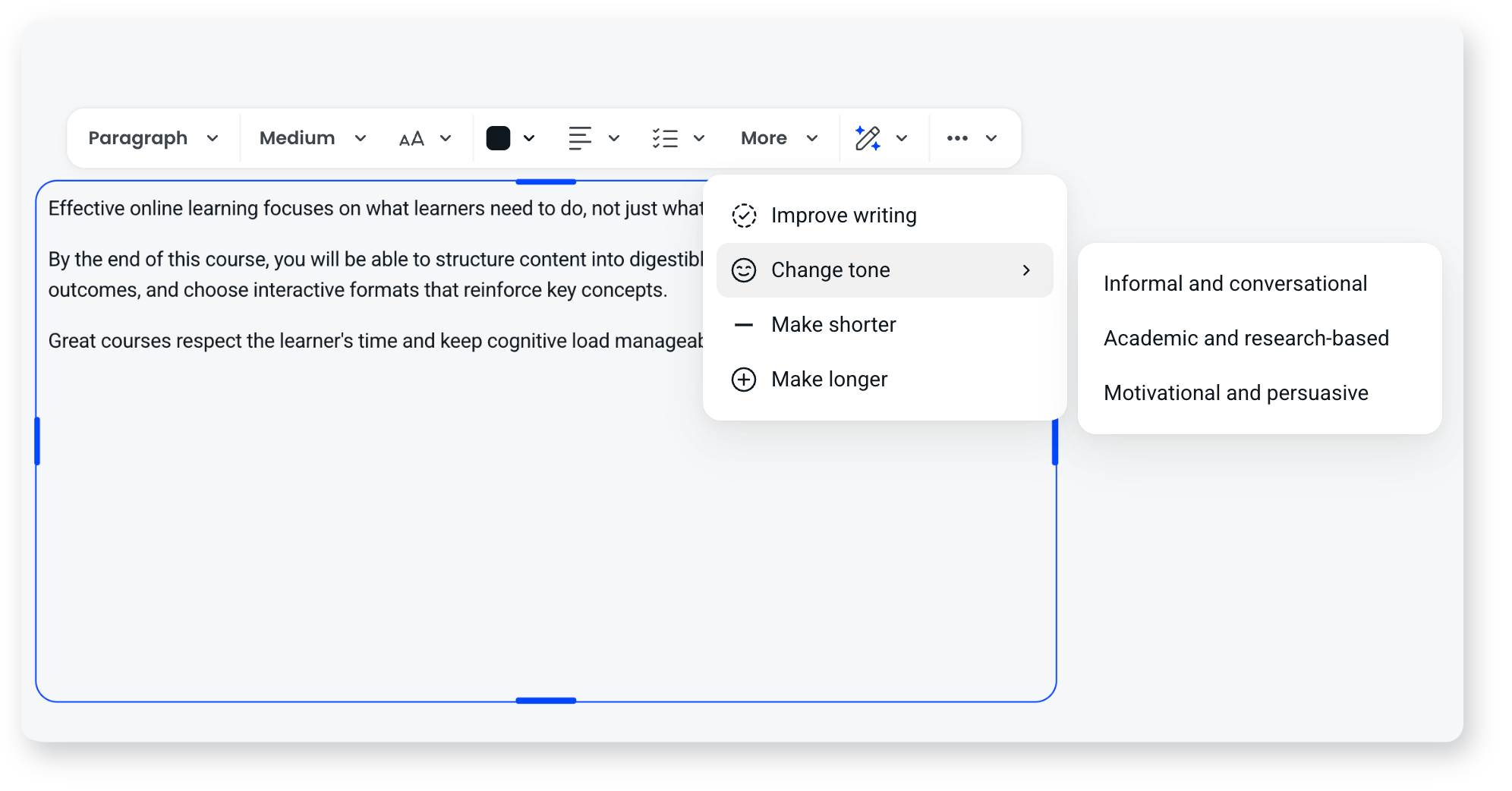 Refine menu on selected text with Change tone open, showing three tone options
