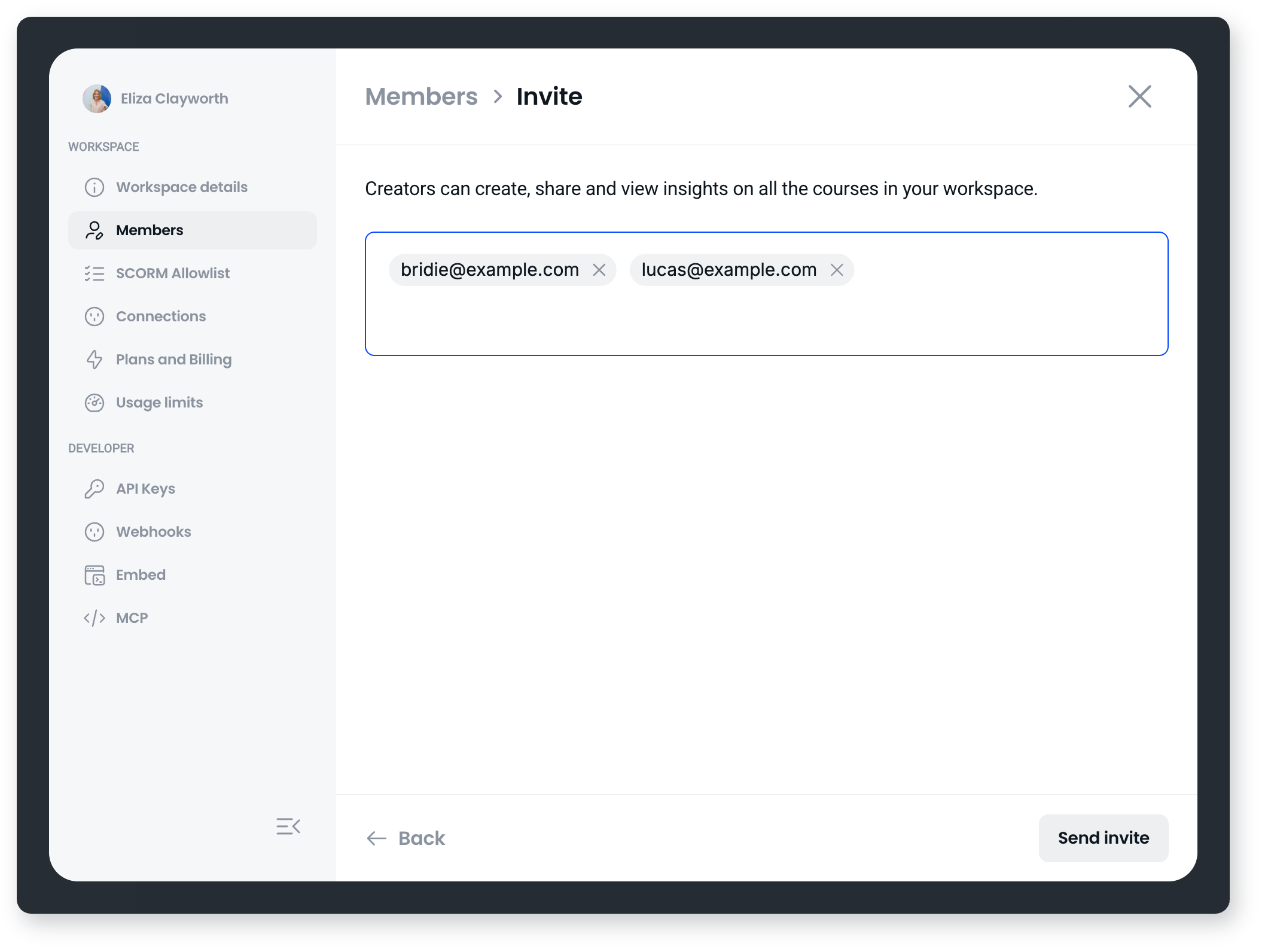 Invite screen in Settings with two email addresses entered and a Send invite button