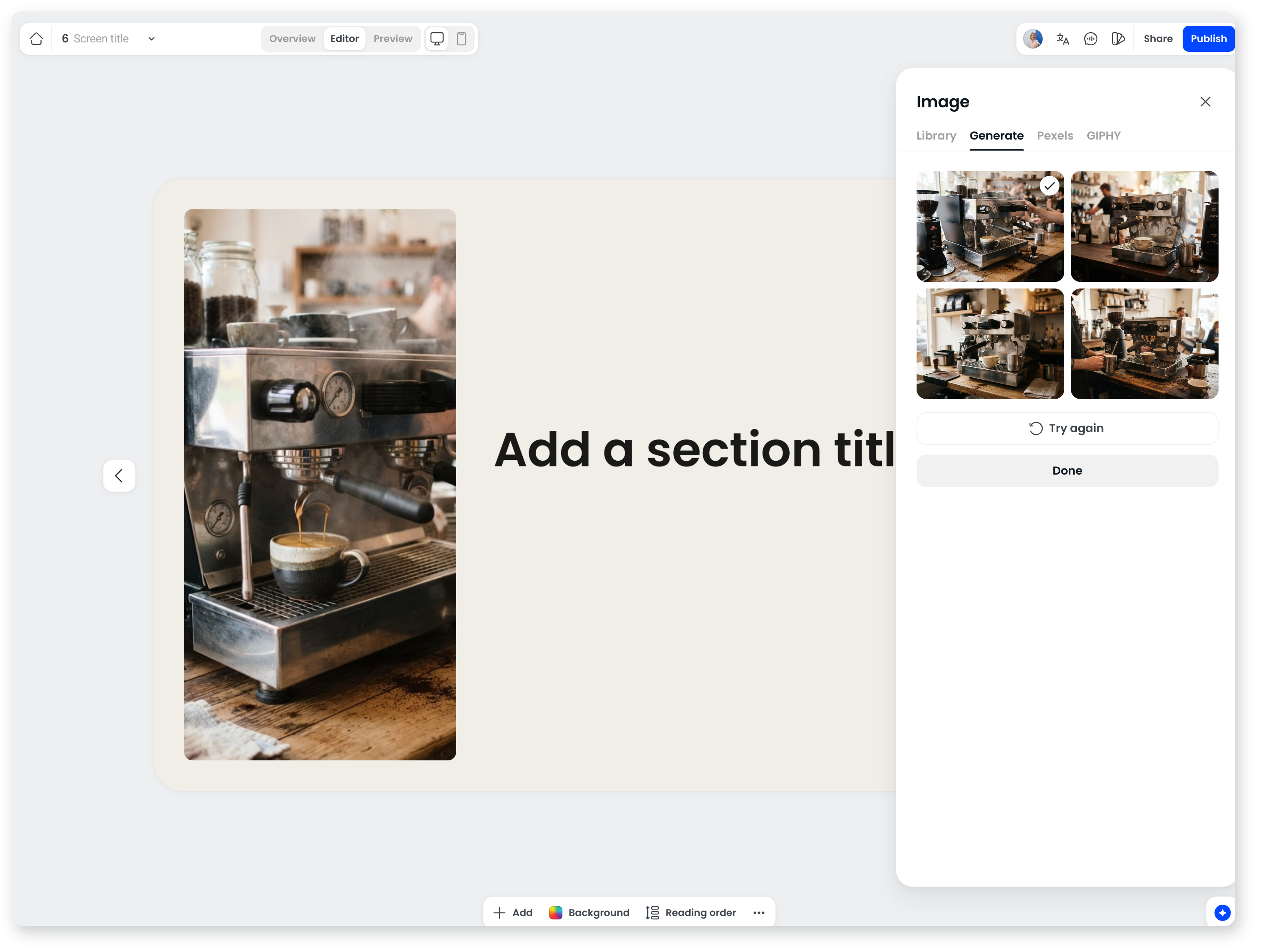 Image panel on the Generate tab showing four AI-generated image options, one selected, with Try again and Done buttons