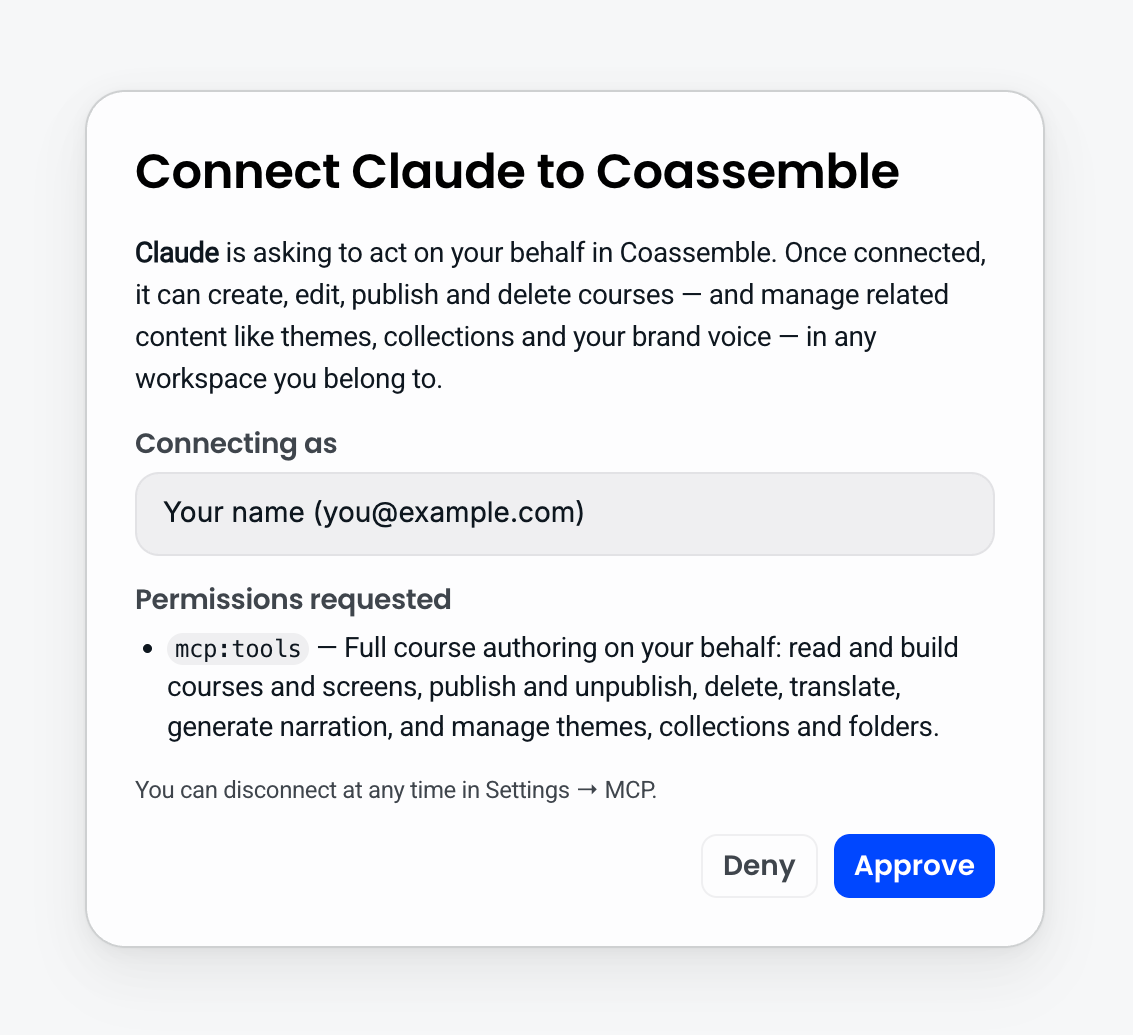 Authorisation screen titled Connect Claude to Coassemble, showing the account being connected, the permissions requested, and Deny and Approve buttons