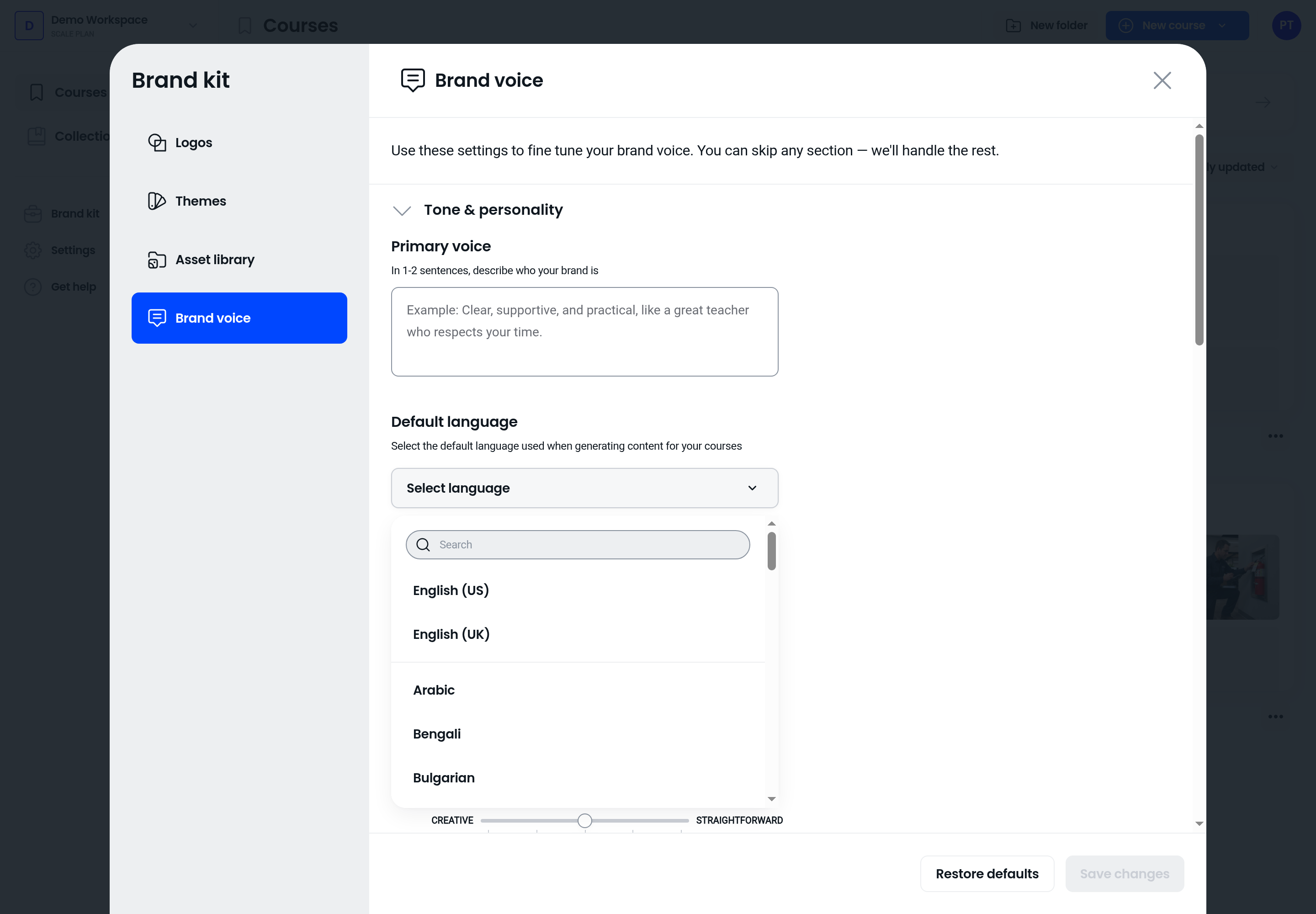 Brand voice default language dropdown opened with search bar and language options